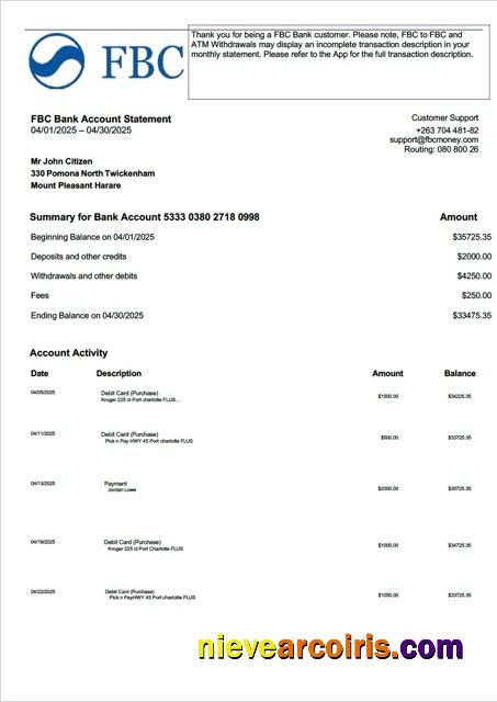 Zimbabwe FBC Bank account statement Word and PDF
